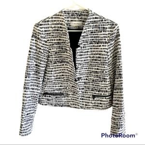 Calvin Klein Cropped Black and White Hatch Mark Notch Collar Blazer